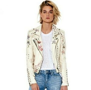 BLANK NYC white leather embroidered jacket.